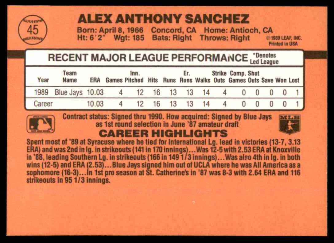 1990 Donruss Alex Sanchez #45 card back image