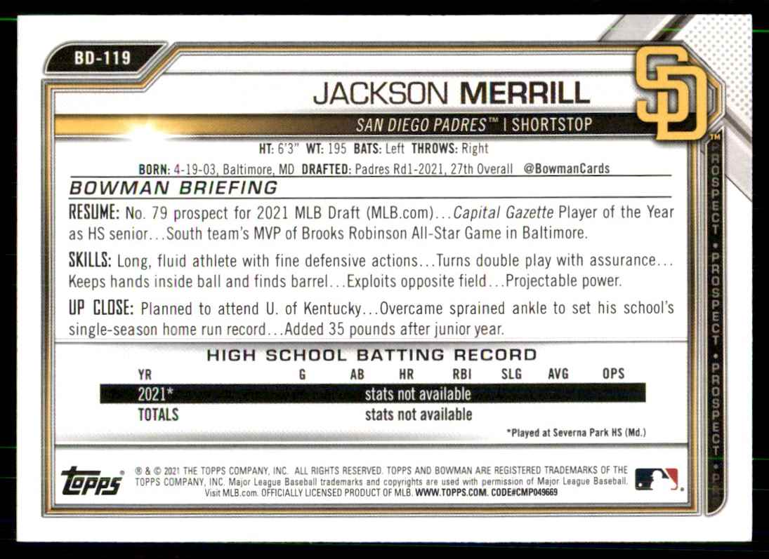 2021 Bowman Draft Jackson Merrill #BD-119 card back image