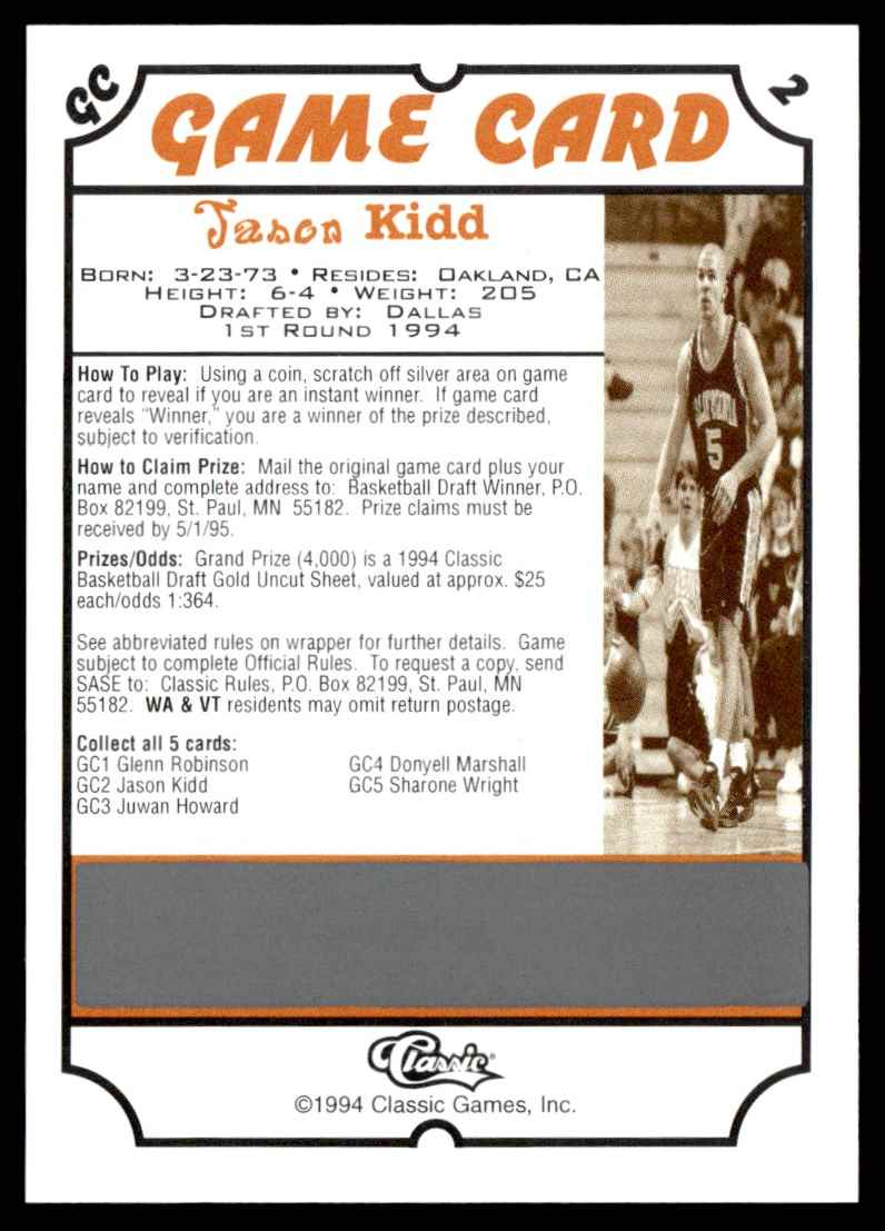 1995-96 Classic Draft Game Cards Jason Kidd #3 card back image