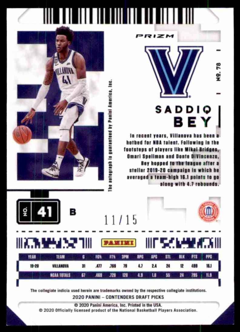 2020-21 Panini Contenders Draft Picks Prospect Ticket Saddiq Bey #41 card back image