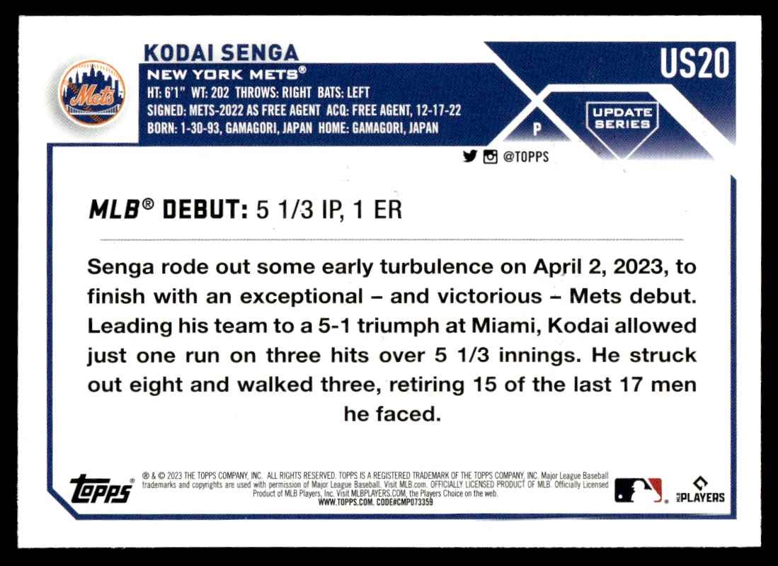 2023 Topps Update Rookie Debut Kodai Senga #US20 card back image