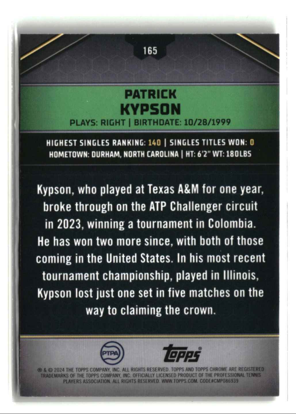 2024 Topps Graphite Green Refractor PATRICK KYPSON #165 card back image