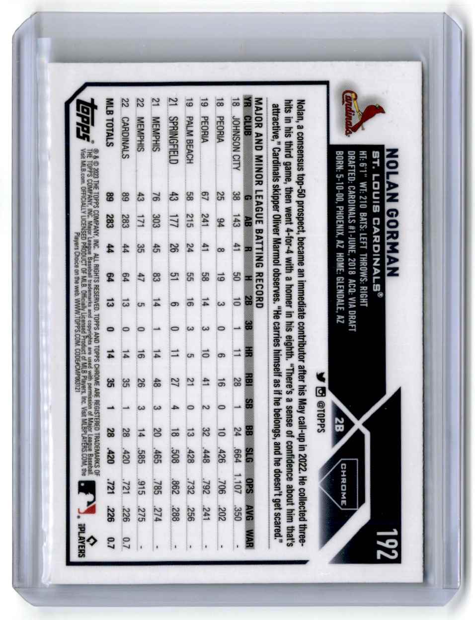2023 Topps Chrome Xfractor Nolan Gorman #192 card back image