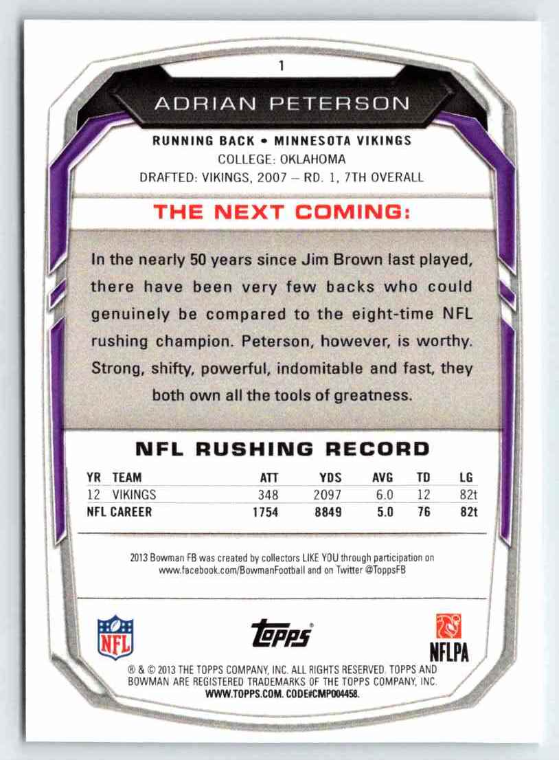 2013 Bowman Adrian Peterson #1 card back image