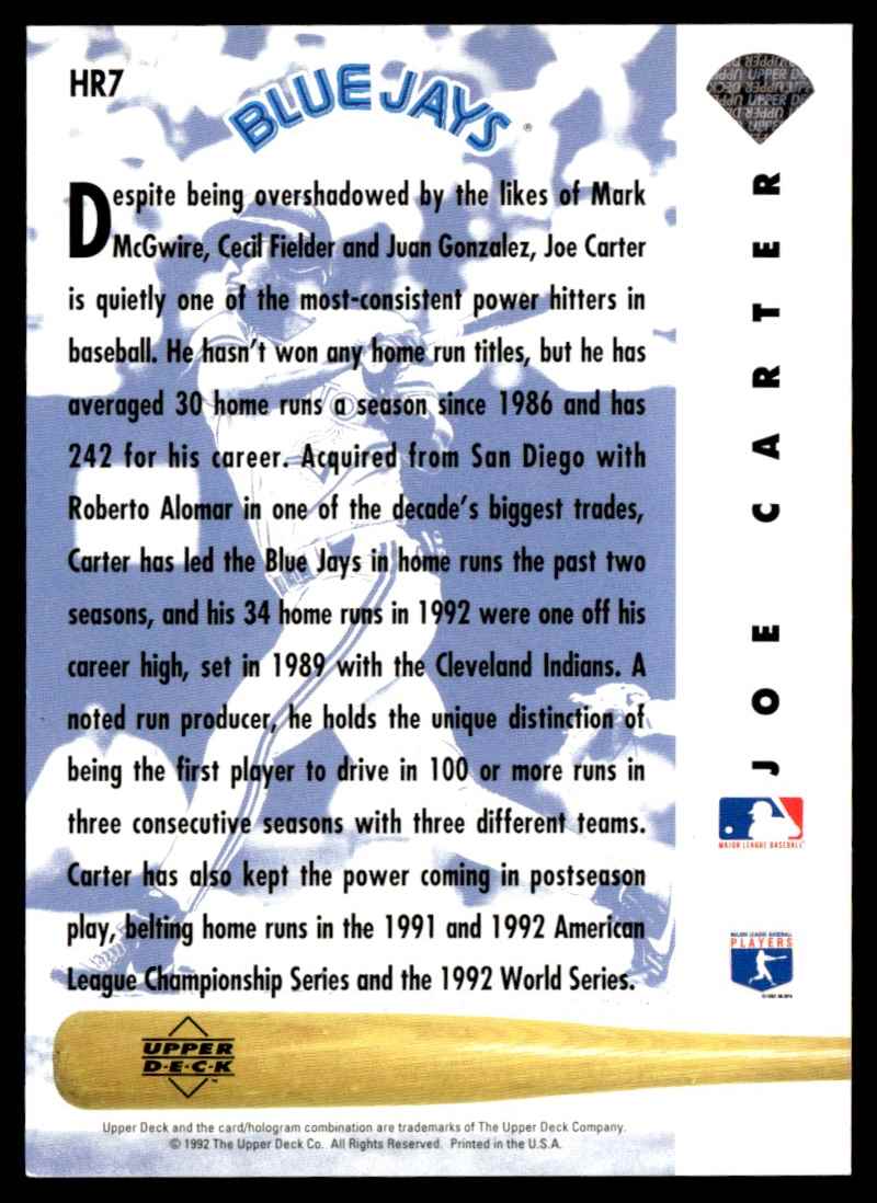1993 Upper Deck Home Run Heroes Joe Carter #HR7 card back image