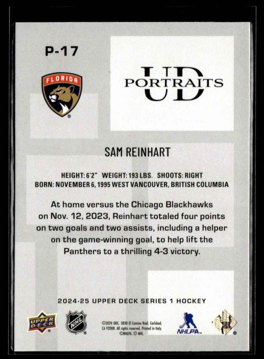 2024-25 Upper Deck UD Portraits Sam Reinhart #P-17 card back image