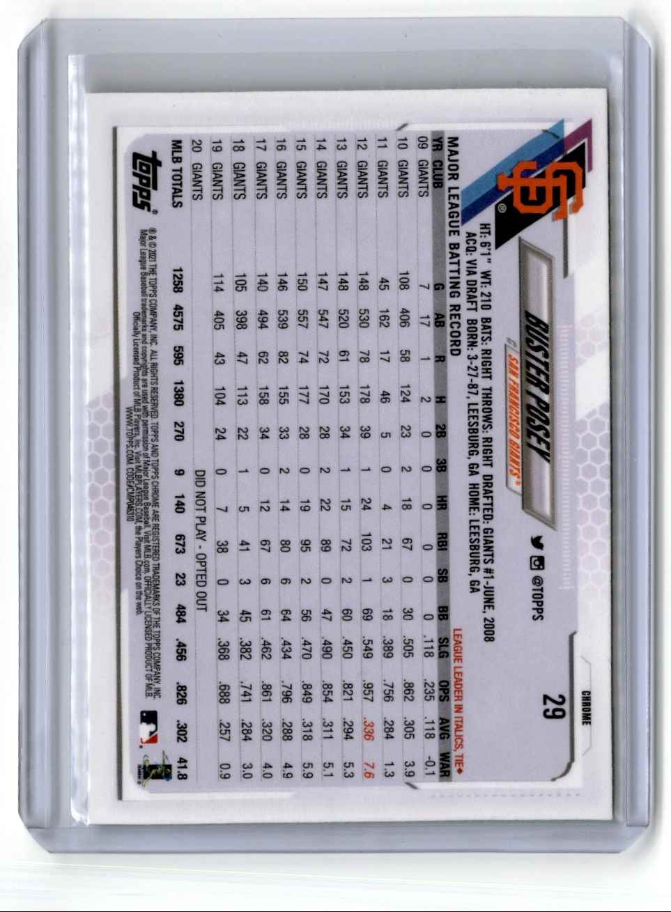 2021 Topps Chrome Negative Refractor Buster Posey #29 card back image