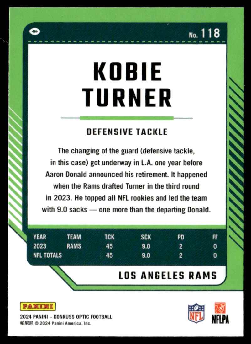 2024 NFL Donruss Optic Kobie Turner #118 card back image