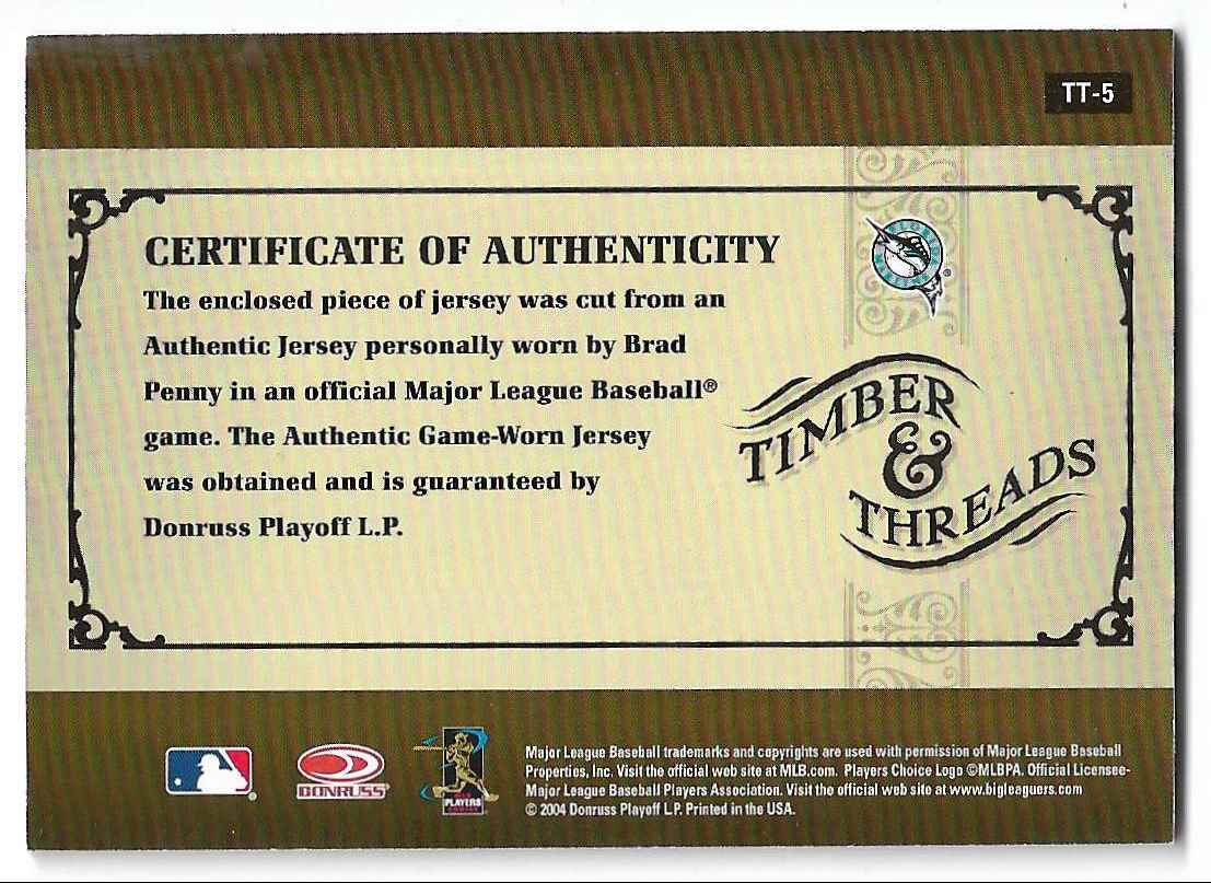 2005 Donruss Timber and Threads Bat Brad Penny #TT-5 card back image