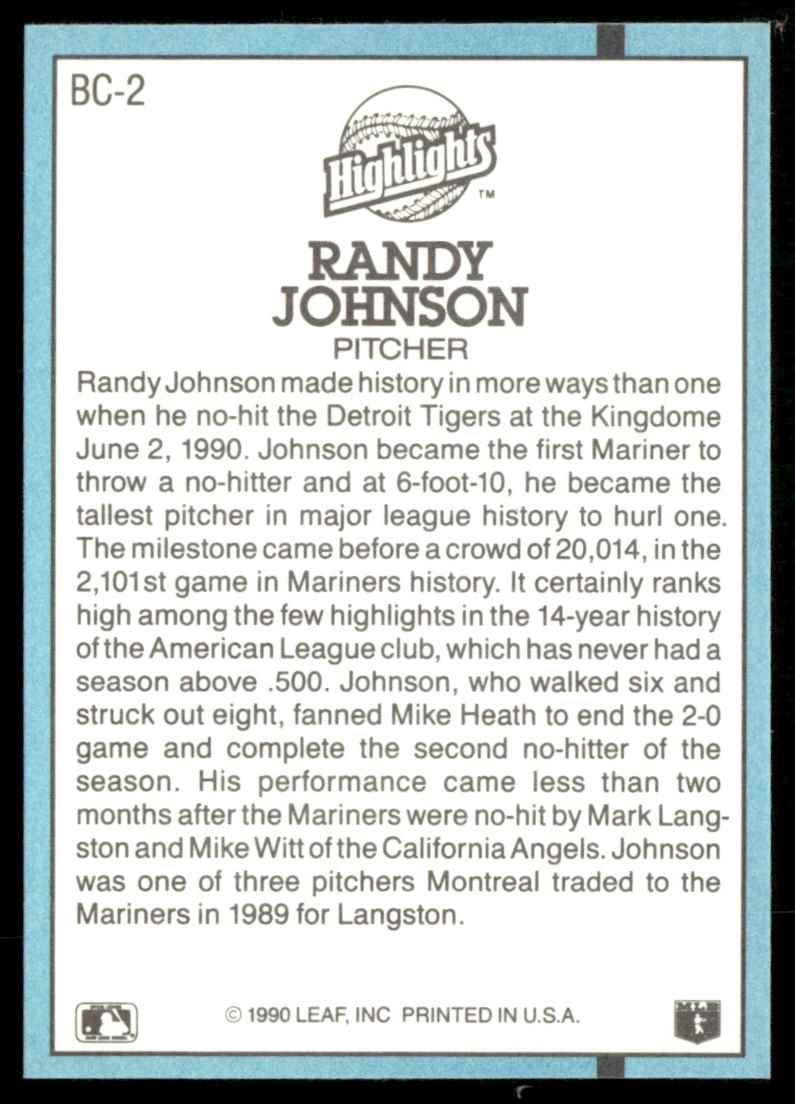 1991 Donruss Bonus Cards Randy Johnson #BC-2 card back image