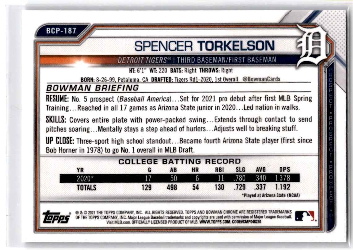 2021 Bowman Chrome Prospects Mojo Refractor Spencer Torkelson #BCP-187 card back image