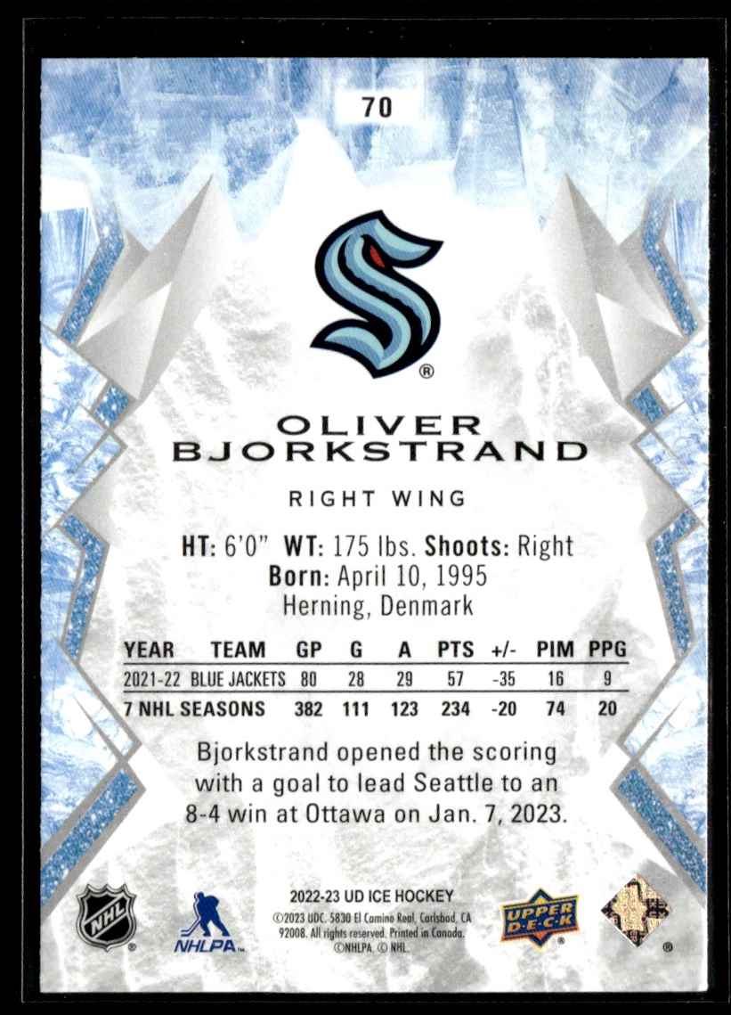 2022-23 Upper Deck Ice Green Oliver Bjorkstrand #70 card back image