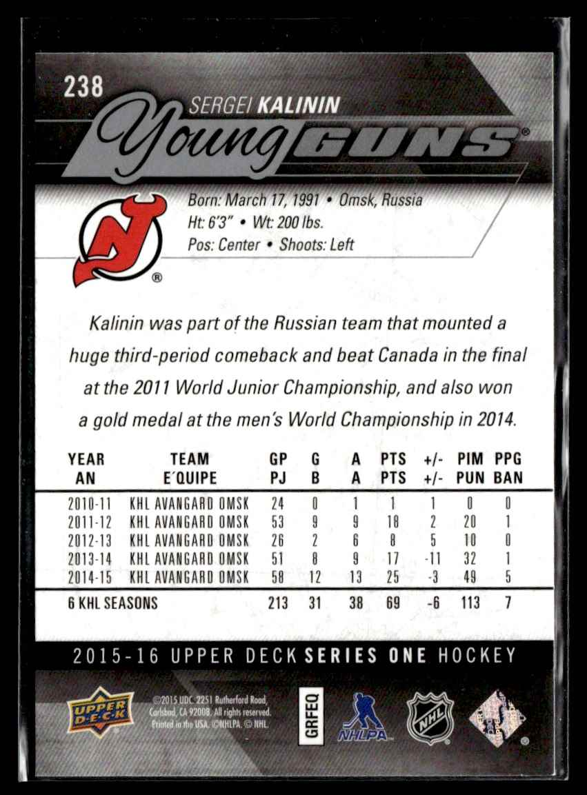 2015-16 Upper Deck Young Guns Sergei Kalinin #238 card back image