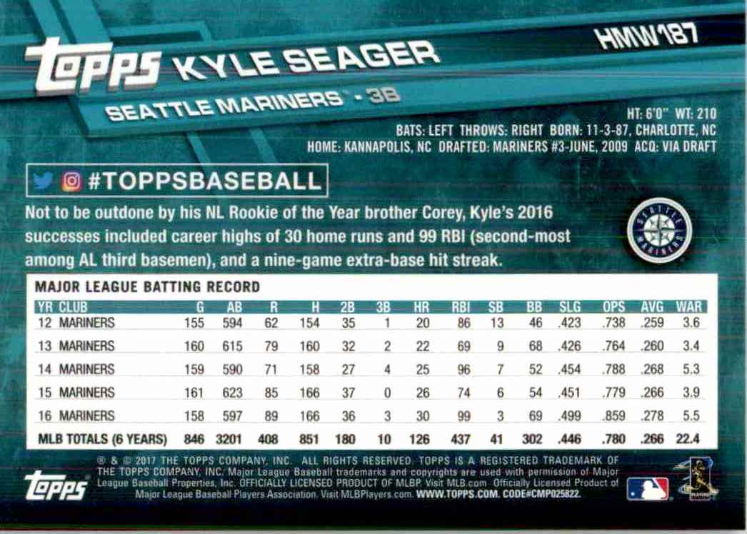 2017 Topps Holiday Snowflake Kyle Seager #HMW187 card back image