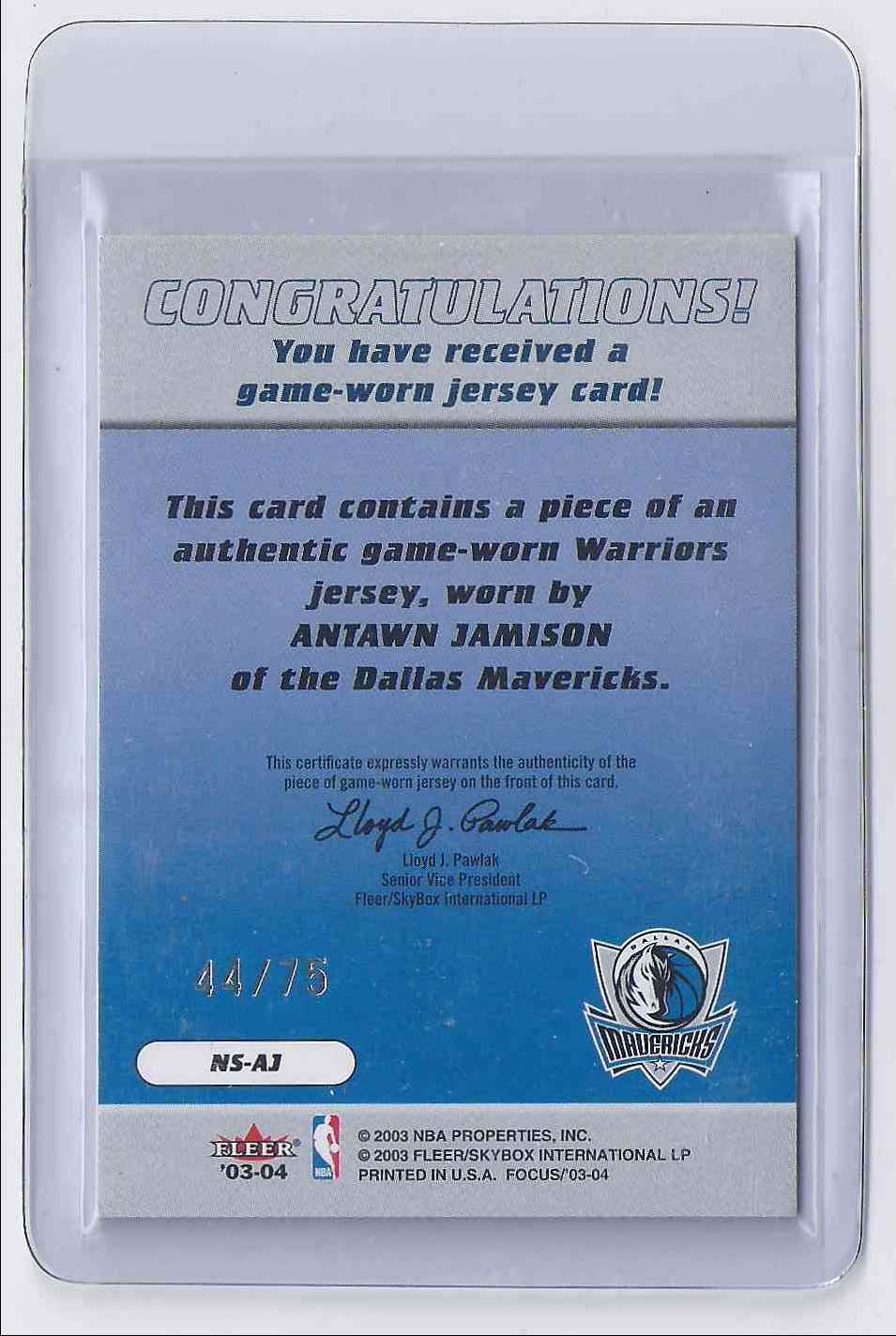 2003-04 Fleer Focus NBA Shirtified Jerseys 75 Antawn Jamison #NSAJ card back image