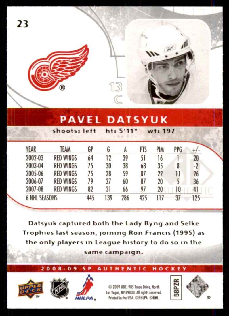 2008-09 SP Authentic Pavel Datsyuk #23 card back image