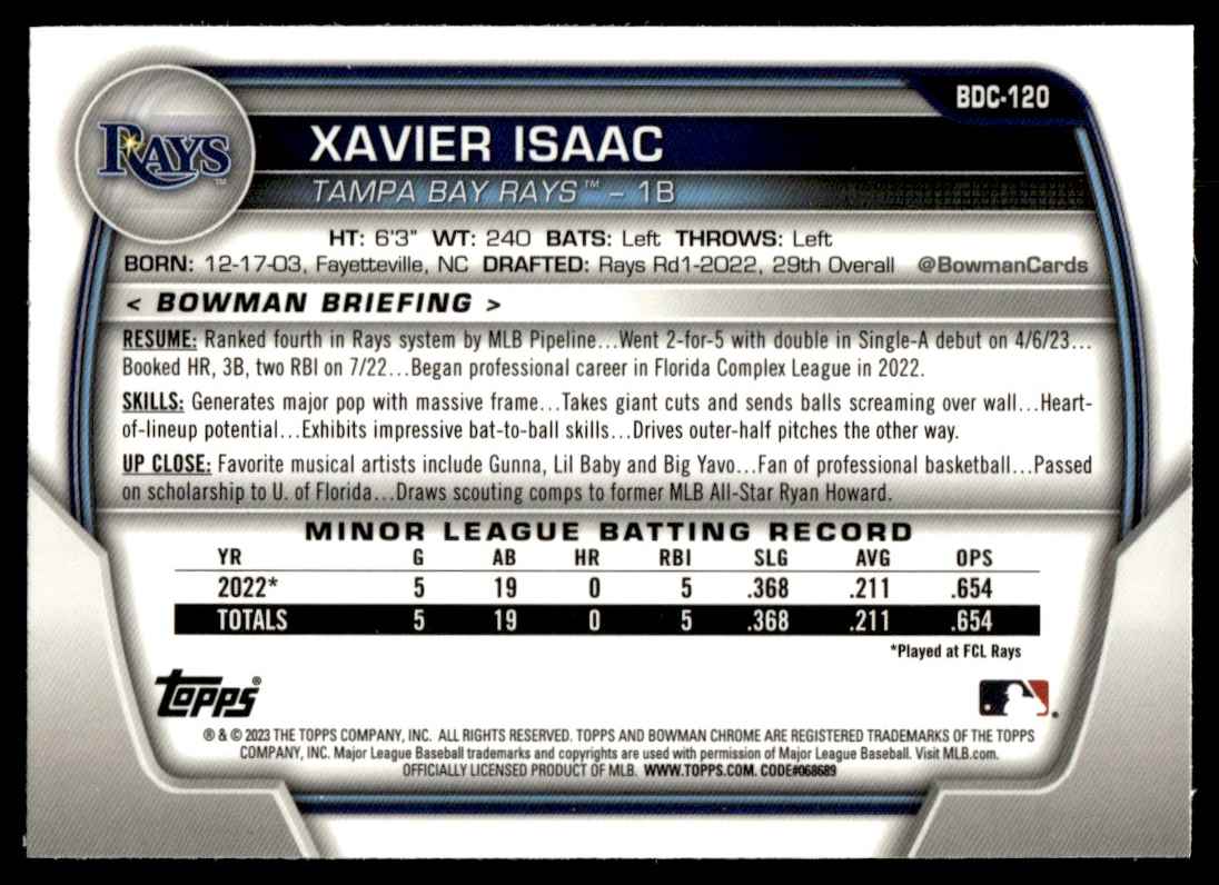 2023 Bowman Draft Chrome Sparkle Xavier Isaac #BDC-120 card back image