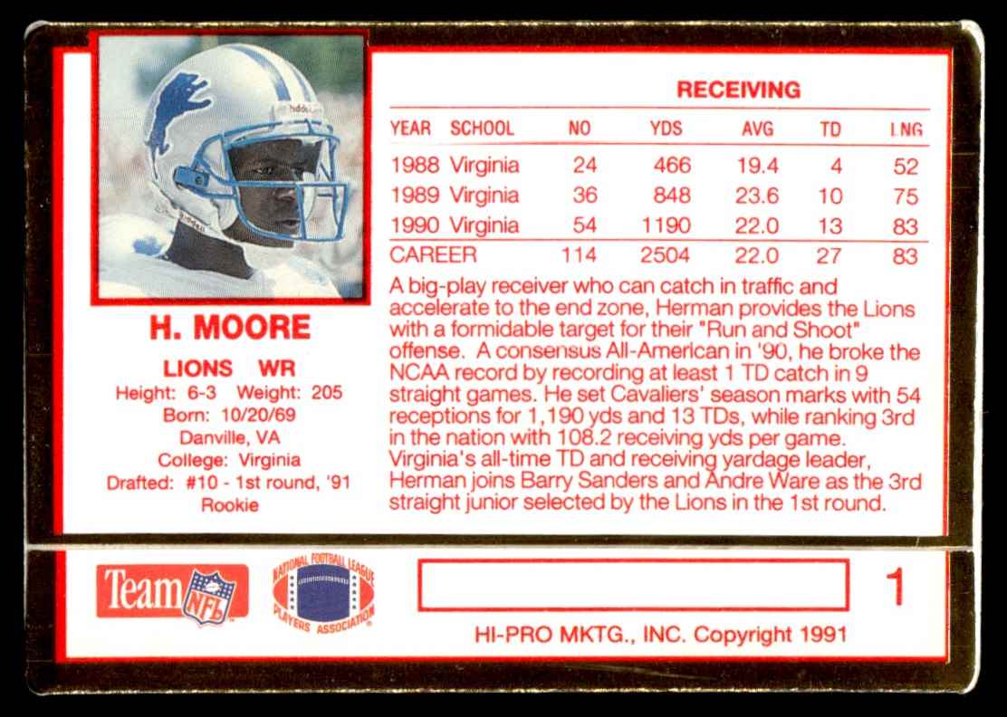 1991 Action Packed Herman Moore #1 card back image