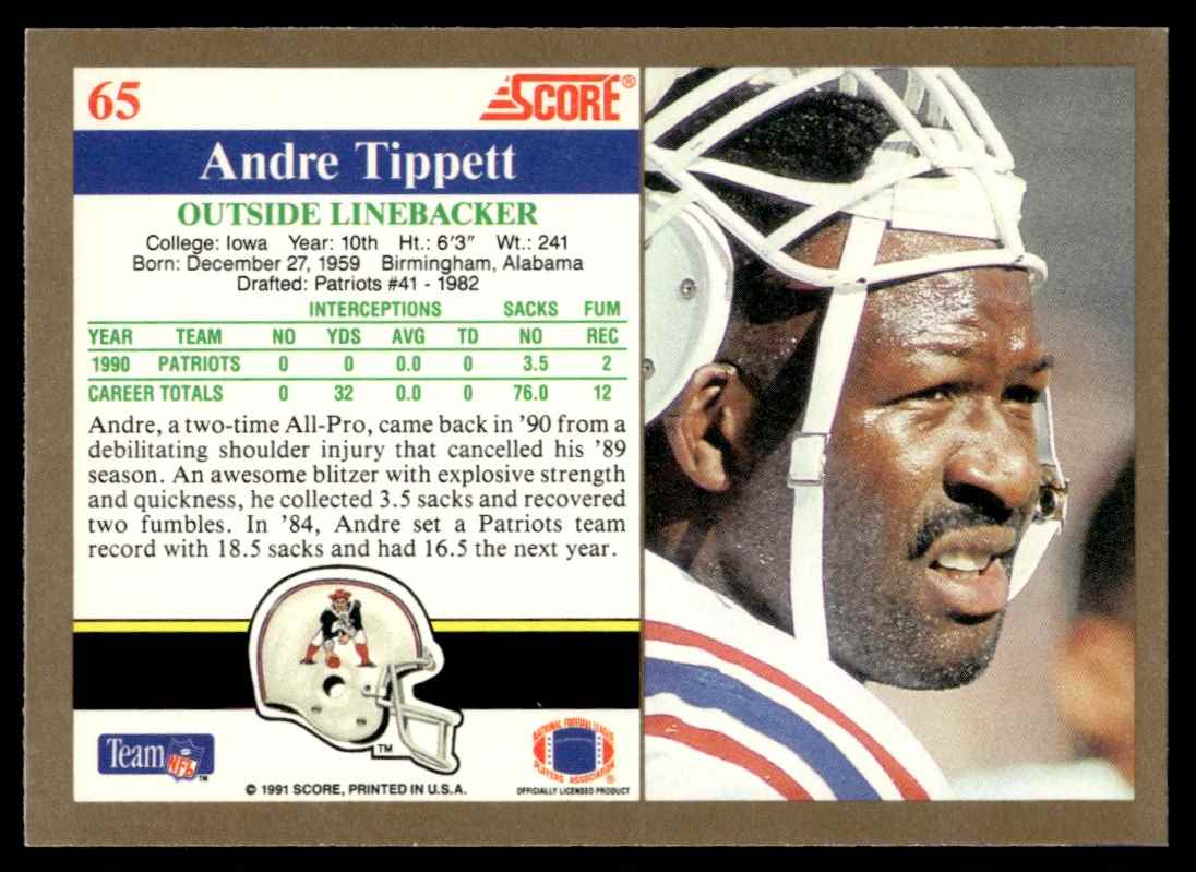 1991 Score Andre Tippett #65 card back image