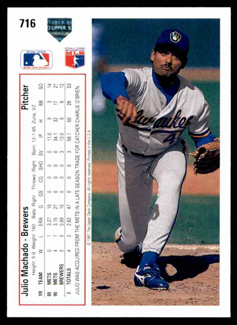 1991 Upper Deck Upper Deck Baseball Julio Machado #716 card back image