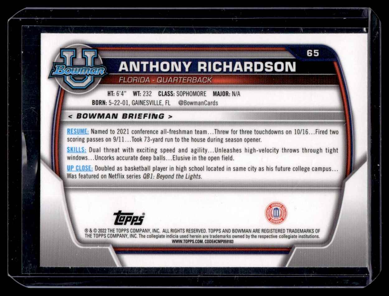 2022 Bowman University Chrome Anthony Richardson #65 card back image