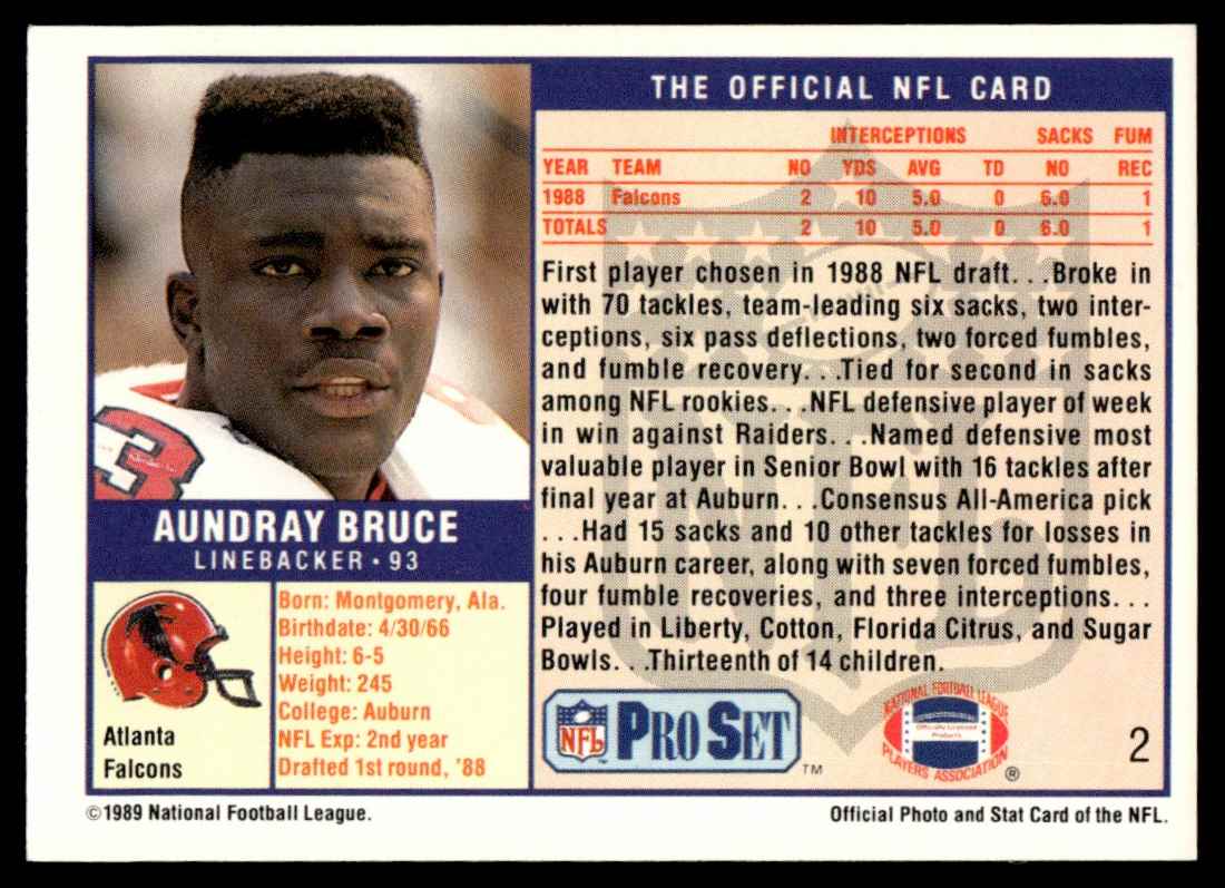 1989 Pro Set Aundray Bruce #2 card back image