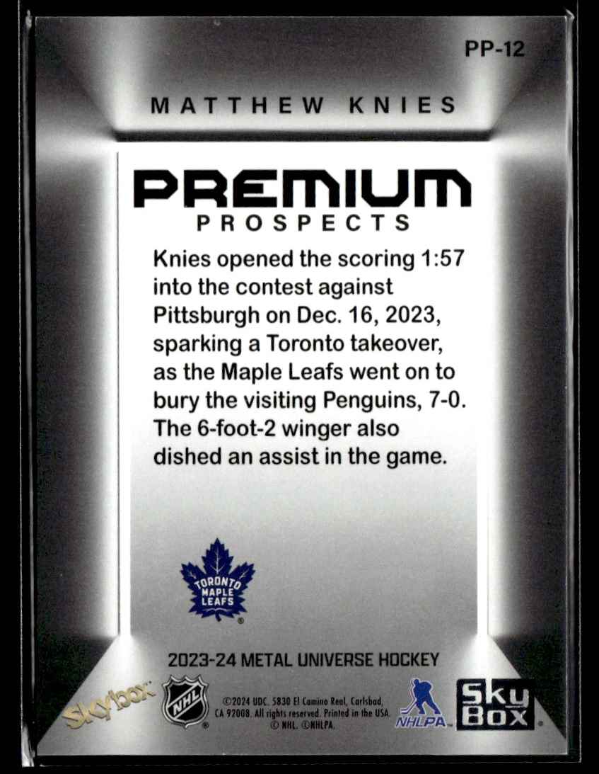 2023-24 SkyBox Metal Universe Premium Prospects Matthew Knies #PP-12 card back image