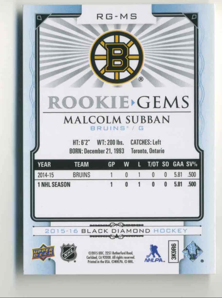 2015-16 Upper Deck Black Diamond Rookie Gems Malcolm Subban #RG-MS card back image