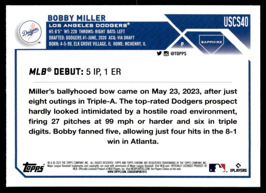 2023 Topps Chrome Update Sapphire Edition Bobby Miller #USCS40 card back image