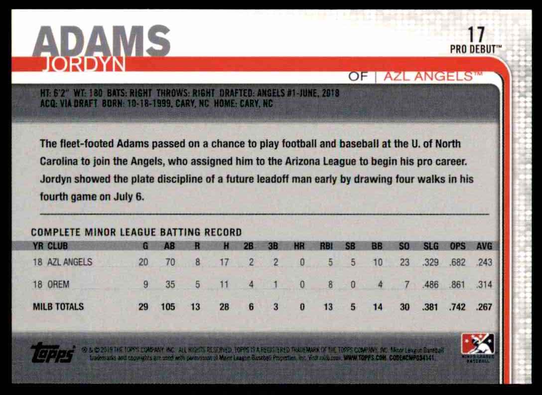 2019 Topps Pro Debut Jordyn Adams #17 card back image