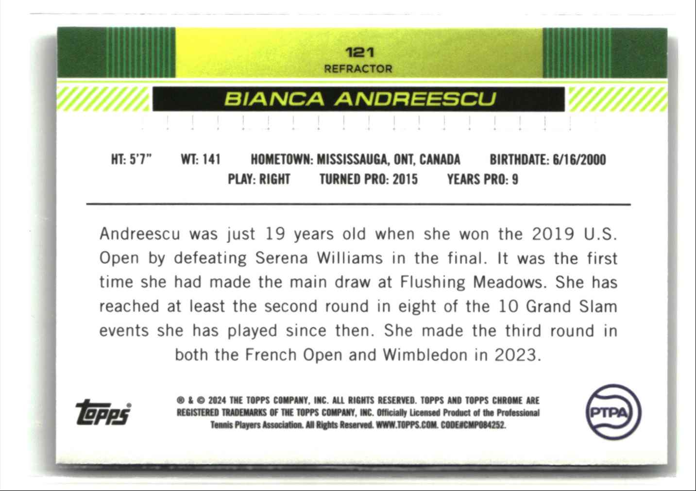 2024 Topps Chrome Refractor BIANCA ANDREESCU #121 card back image