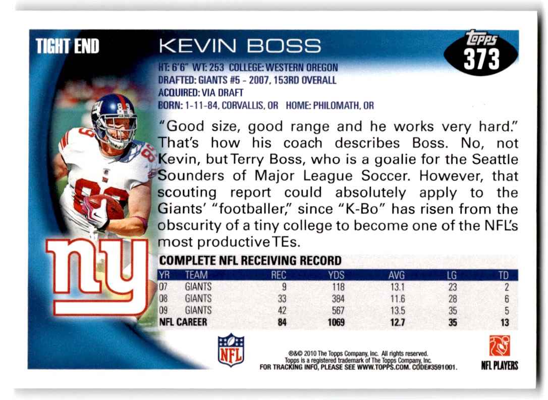 2010 Topps Kevin Boss #373 card back image