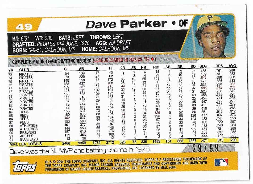 2004 Topps Retired Edition Black Border Dave Parker #49 card back image