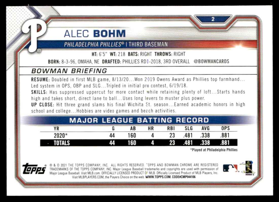 2021 Bowman Alec Bohm #2 card back image