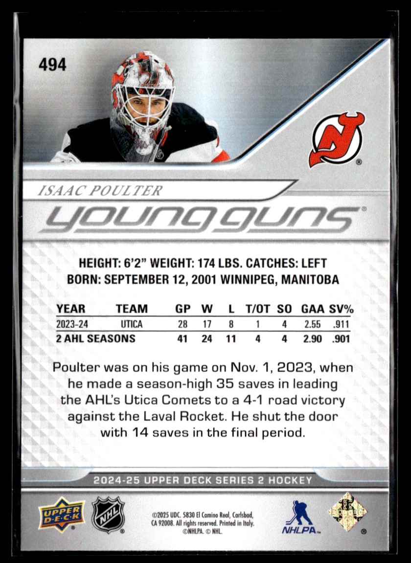 2024-25 Upper Deck Series 2 Young Guns Isaac Poulter #494 card back image