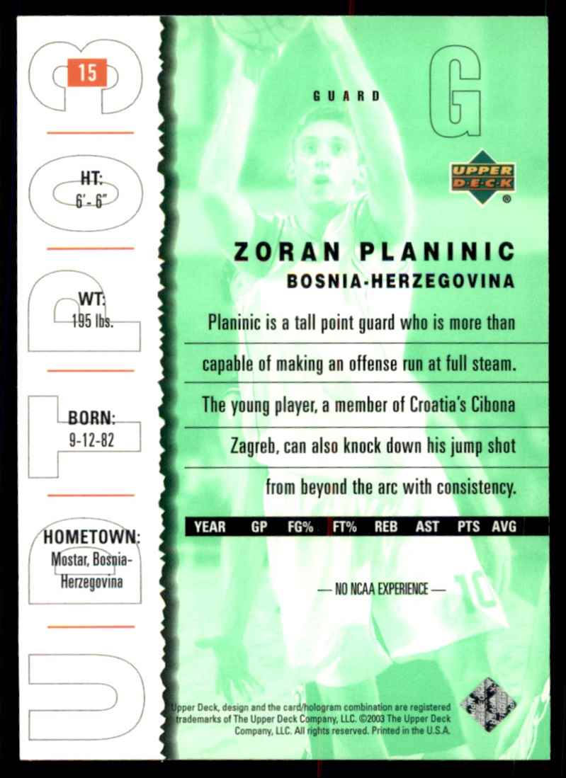 2003-04 UD Top Prospects Zoran Planinic #15 card back image