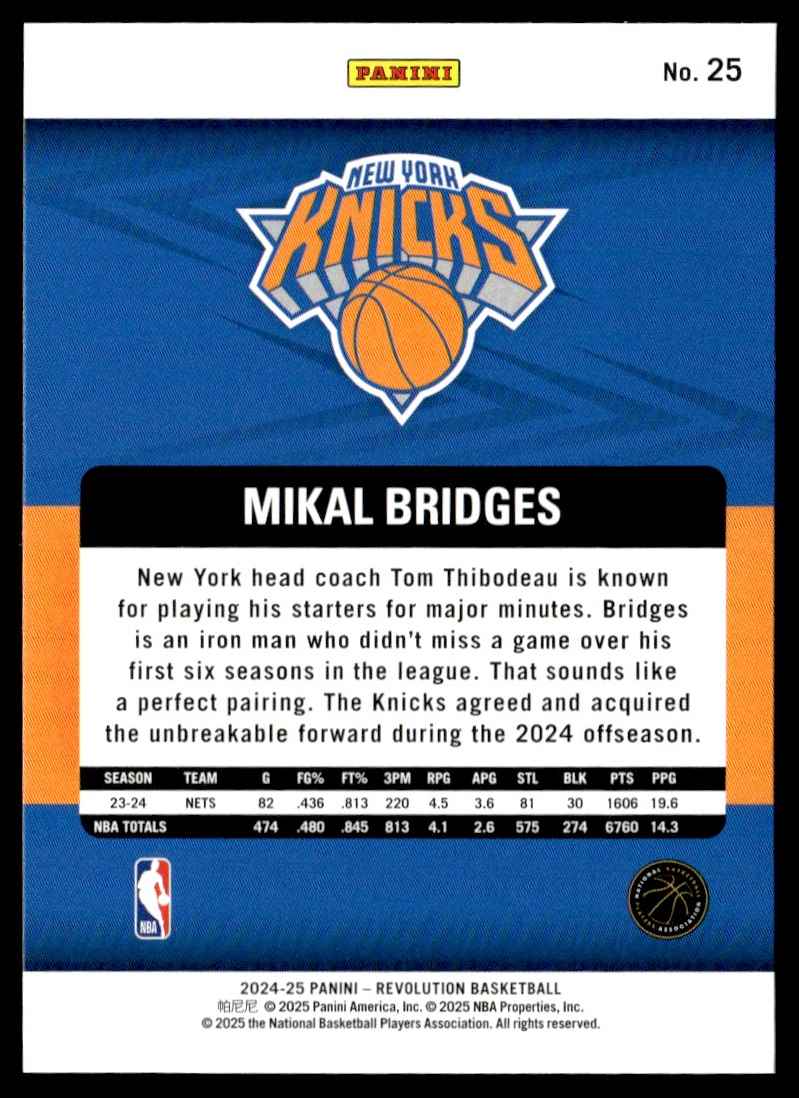 2024-25 Panini Revolution Mikal Bridges #25 card back image