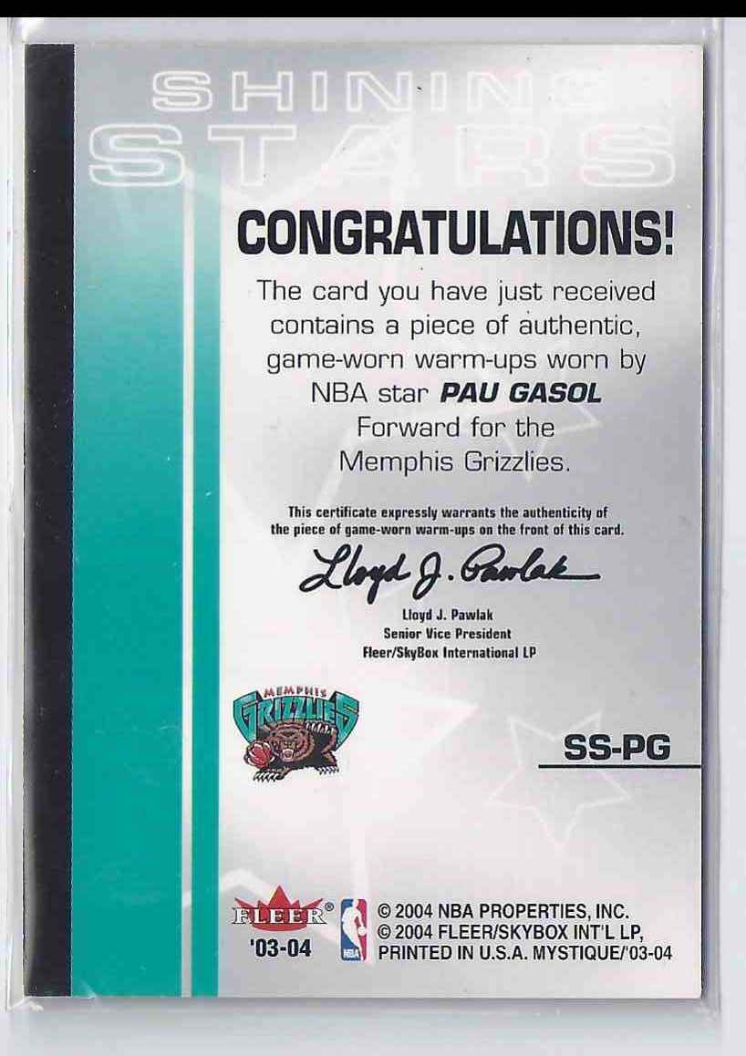 2003-04 Fleer Mystique Shining Stars Warmups Pau Gasol #SSPG card back image