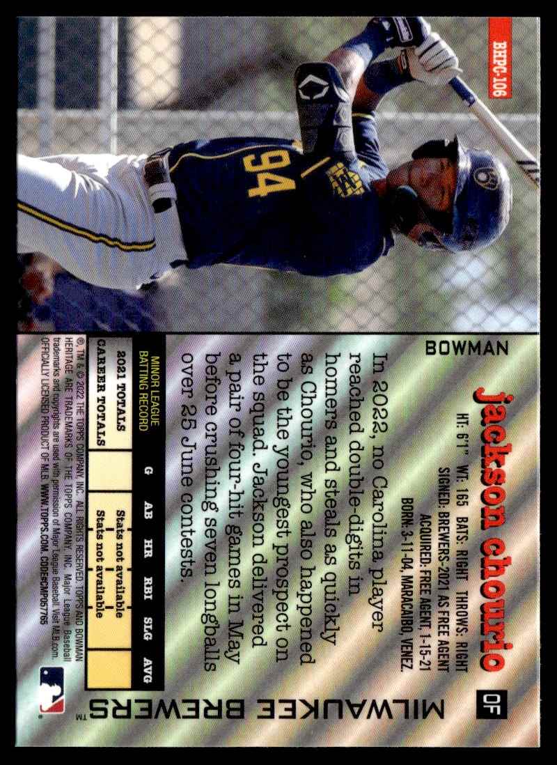 2022 Bowman Heritage Chrome Prospects Jackson Chourio #BHPC-106 card back image