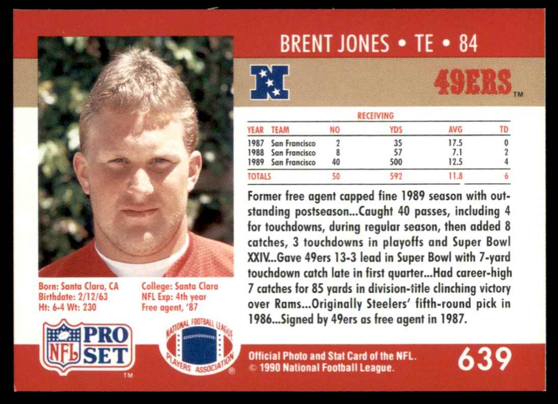 1990 Pro Set Super Bowl XXV Binder 49ers Brent Jones #639 card back image