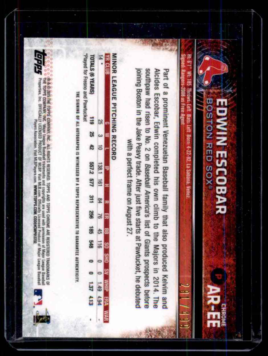 2015 Topps Chrome Rookie Autographs Refractors Edwin Escobar #AREE card back image