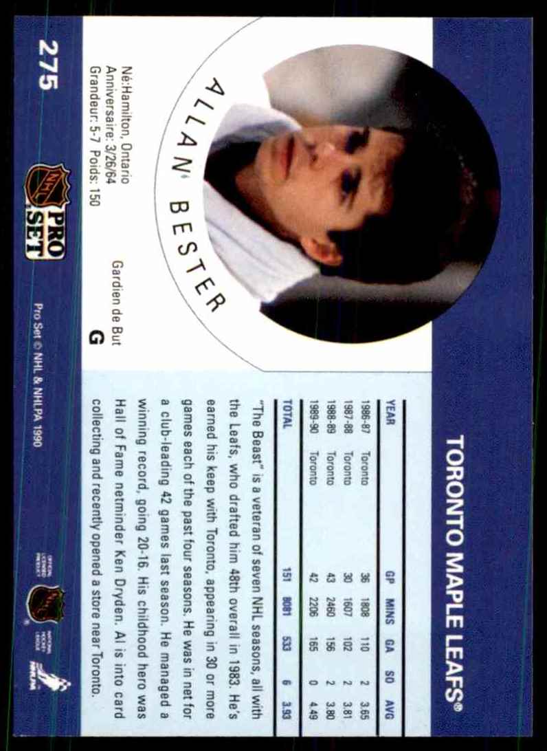 1990-91 Pro Set Allan Bester ERR/Misspelled Alan On Front #275 card back image