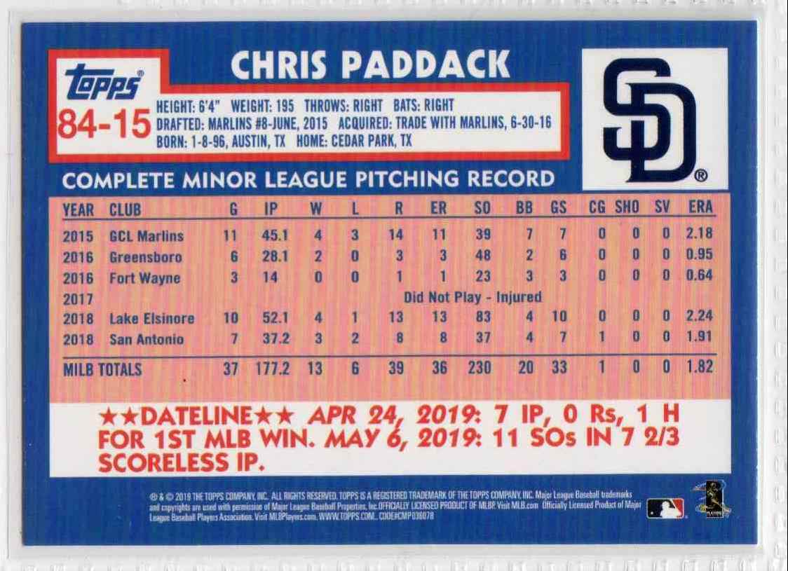 2019 Topps Update 1984 Topps Baseball Chris Paddack #84-15 card back image