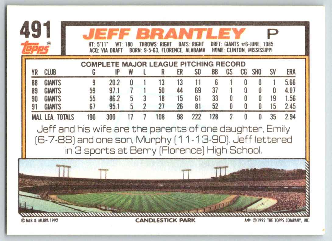 1992 Topps Jeff Brantley #491 card back image
