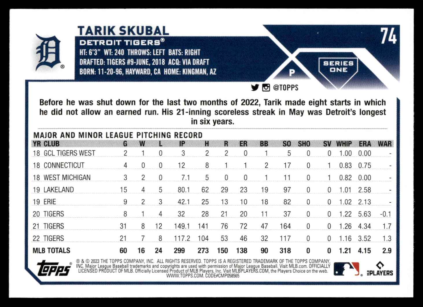 2023 Topps Tarik Skubal #74 card back image