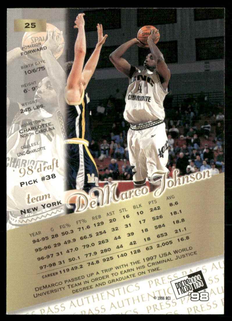 1998-99 Press Pass Authentics Hang Time DeMarco Johnson #25 card back image