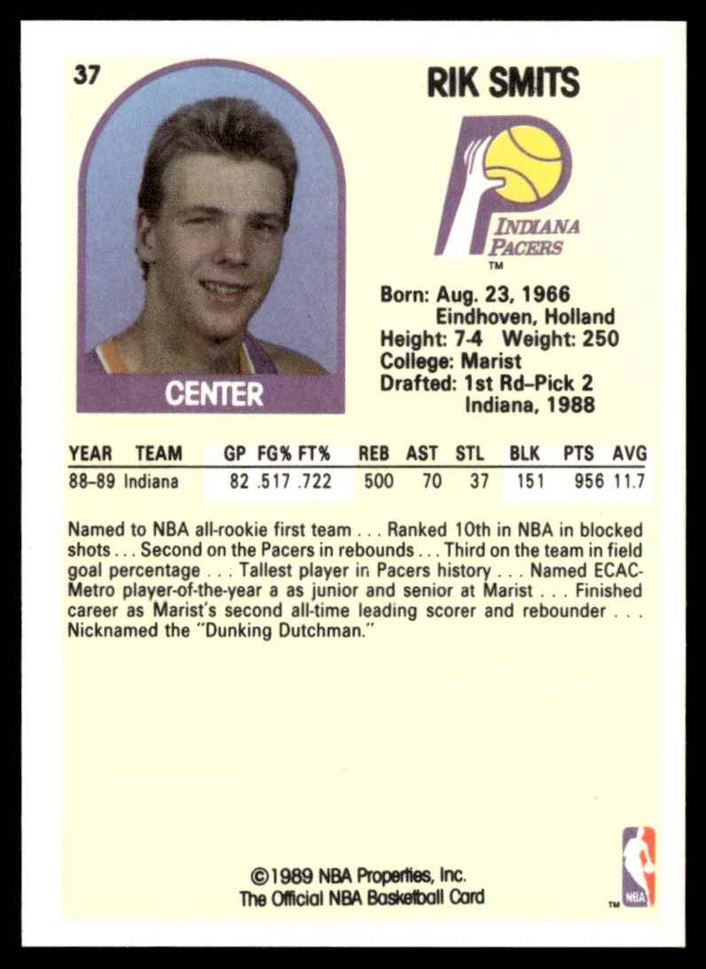 1989-90 Hoops Rik Smits #37 card back image