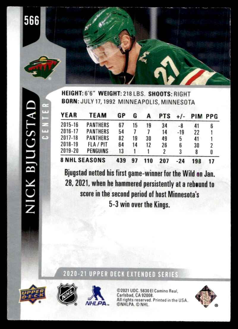 2020-21 Upper Deck Extended Series Nick Bjugstad #566 card back image