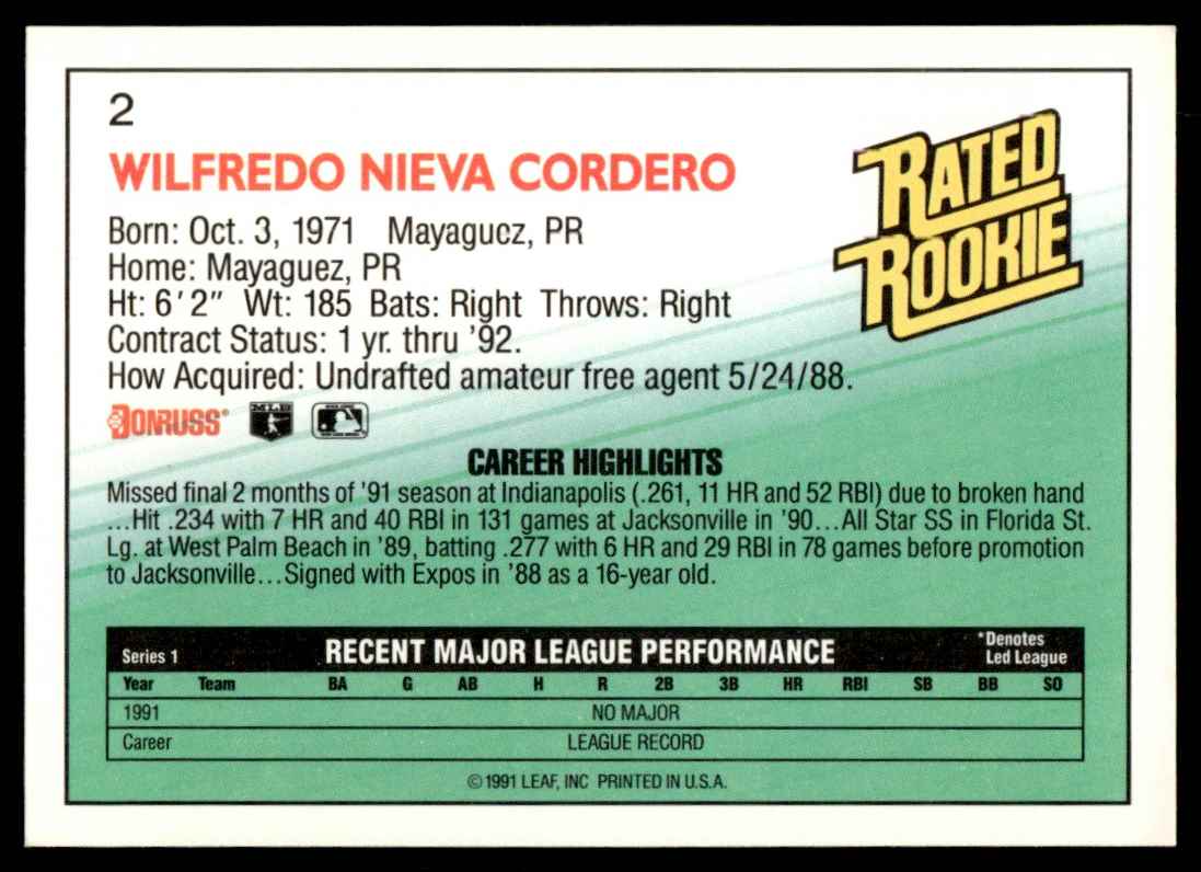 1992 Donruss Wil Cordero #2 card back image