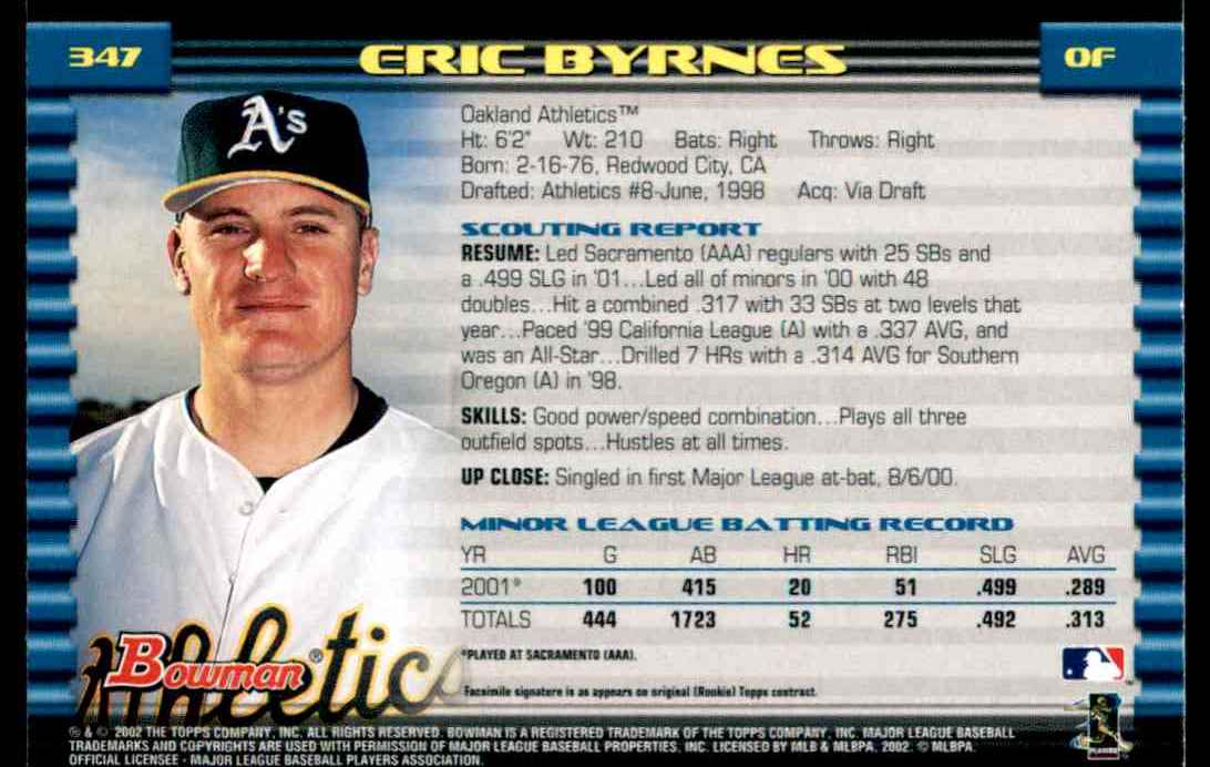 2002 Bowman Bowman Eric Byrnes #347 card back image